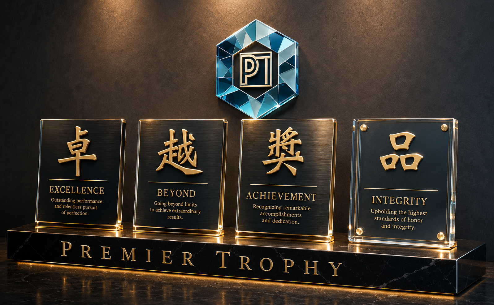Premier Trophy custom crystal awards engraved 卓越獎品 — Excellence, Beyond, Achievement, Integrity